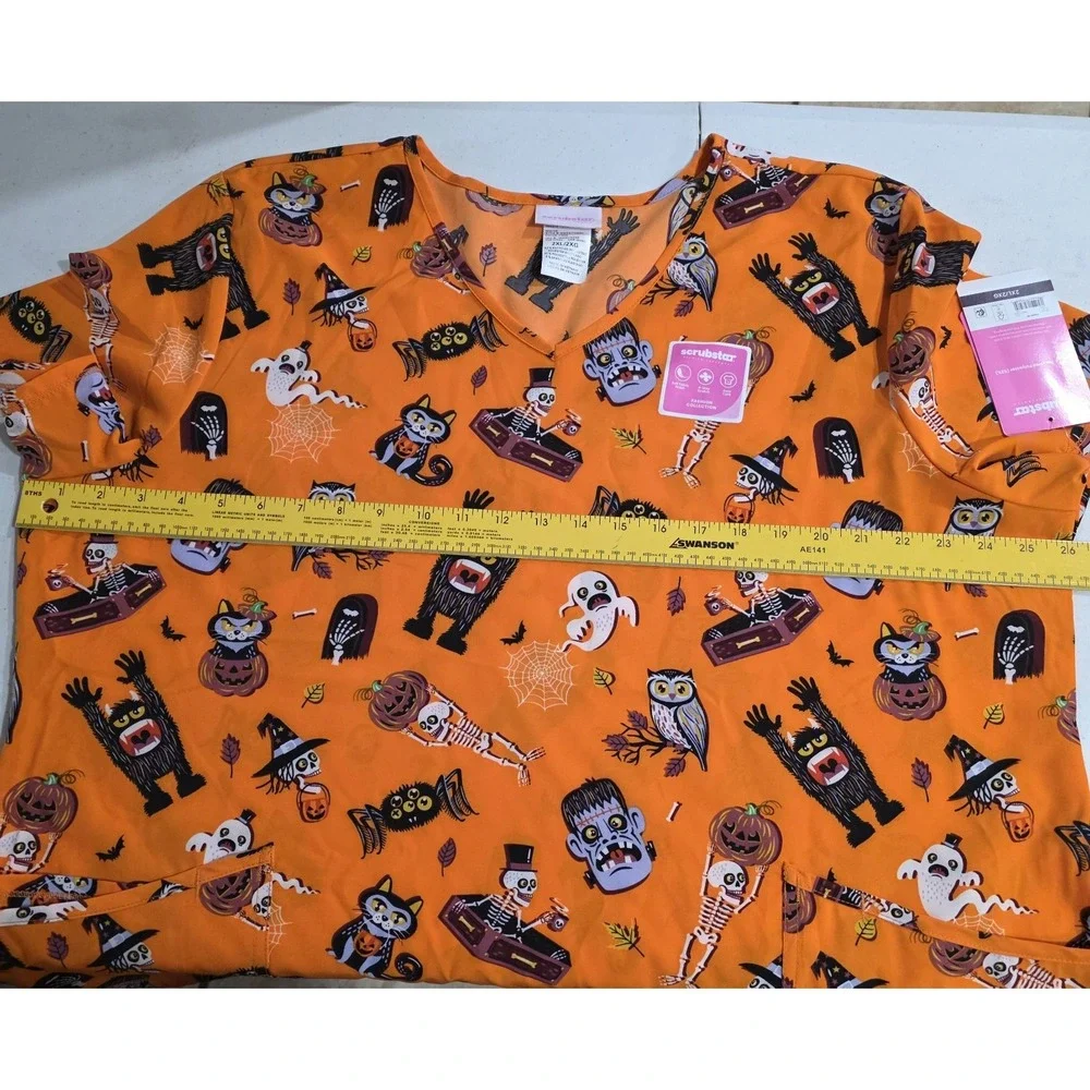 New Scrubstar Women's 2XL Orange‎ Halloween Short Sleeve V Neck Scrub Top